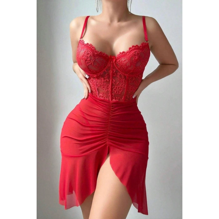 MARSiLYAN-  Özel Tasarım Kırmızı Dantel İşlemeli Korse Görünümlü Önden Büzgülü Fantezi Tül Gecelik