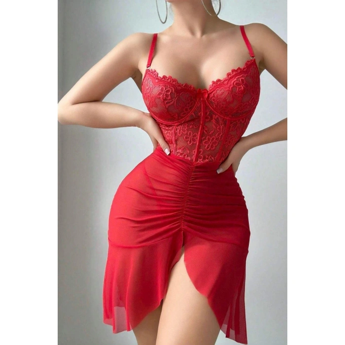MARSiLYAN-  Özel Tasarım Kırmızı Dantel İşlemeli Korse Görünümlü Önden Büzgülü Fantezi Tül Gecelik
