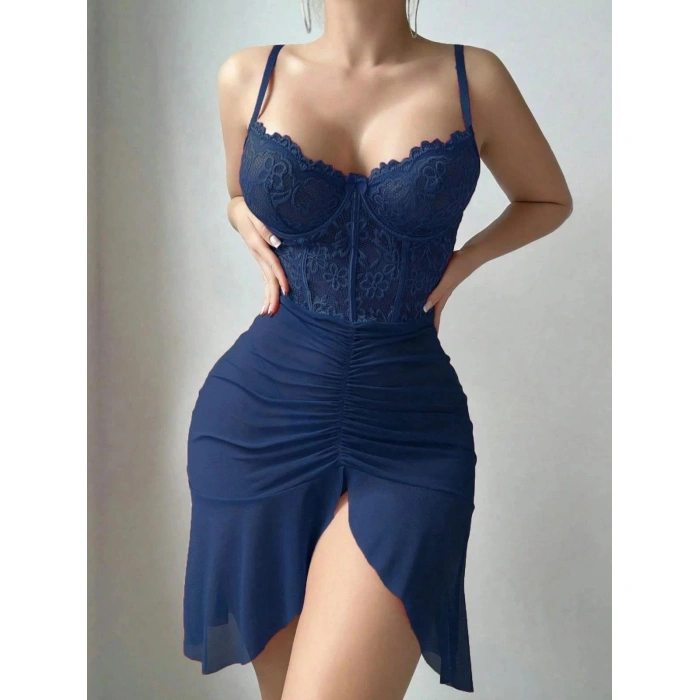 MARSiLYAN-  Özel Tasarım Lacivert Dantel İşlemeli Korse Görünümlü Önden Büzgülü Fantezi Tül Gecelik