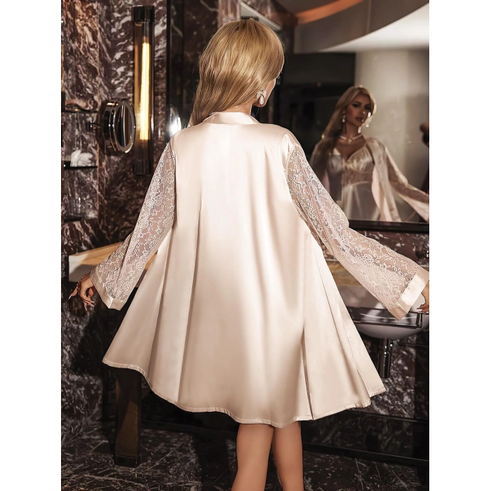 MARSiLYAN- Özel Tasarım Şık Dantel İşlemeli Sabahlıklı 2li Pudra Saten Gecelik Takımı