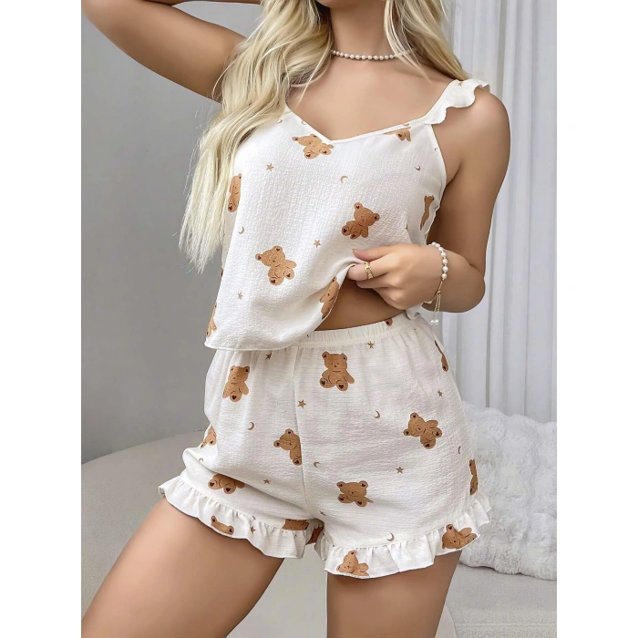 MARSiLYAN- Pamuklu Ayıcık Desen Fırfırlı Askılı Şortlu Pijama Takımı