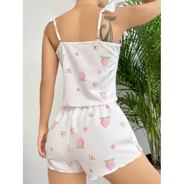 MARSiLYAN- Pamuklu Beyaz Üstüne Çiçek Desen Fırfır Askılı Şortlu Pijama Takımı