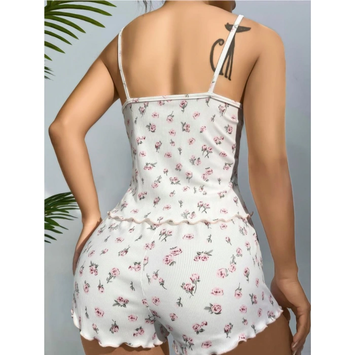 MARSiLYAN- Pamuklu Beyaz Üstüne Çiçek Desen Fitilli Askılı Şortlu Pijama Takımı