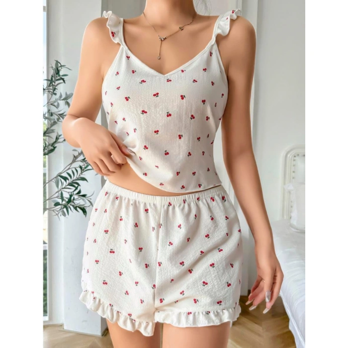 MARSiLYAN- Pamuklu Beyaz Üstüne Kiraz Desen Fırfır Askılı Şortlu Pijama Takımı