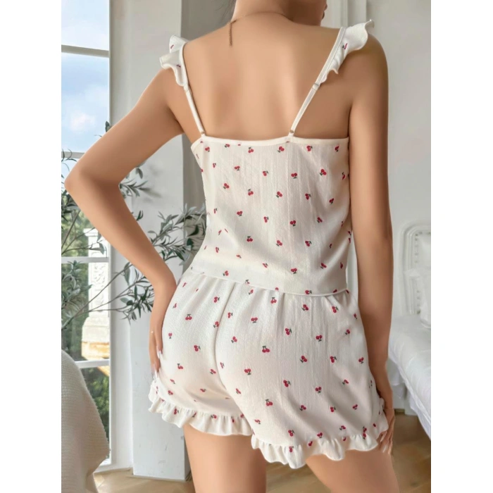 MARSiLYAN- Pamuklu Beyaz Üstüne Kiraz Desen Fırfır Askılı Şortlu Pijama Takımı