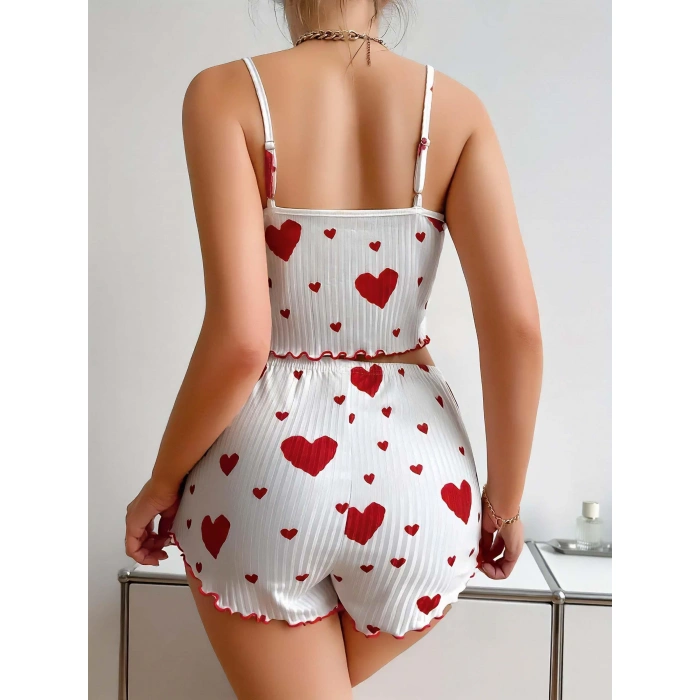 MARSiLYAN- Pamuklu Beyaz Üstüne Kırmızı Kalp Desenli Askılı Şortlu Pijama Takımı