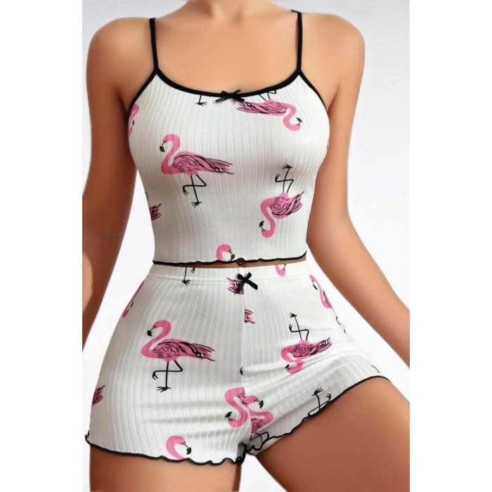 MARSiLYAN- Pamuklu Beyaz Üstüne Pelikan Desen Fitilli Askılı Şortlu Pijama Takımı