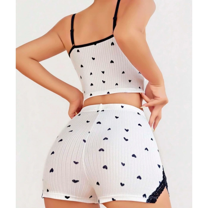 MARSiLYAN- Pamuklu Beyaz Üstüne Siyah Kalp Desen Fitilli Askılı Şortlu Pijama Takımı