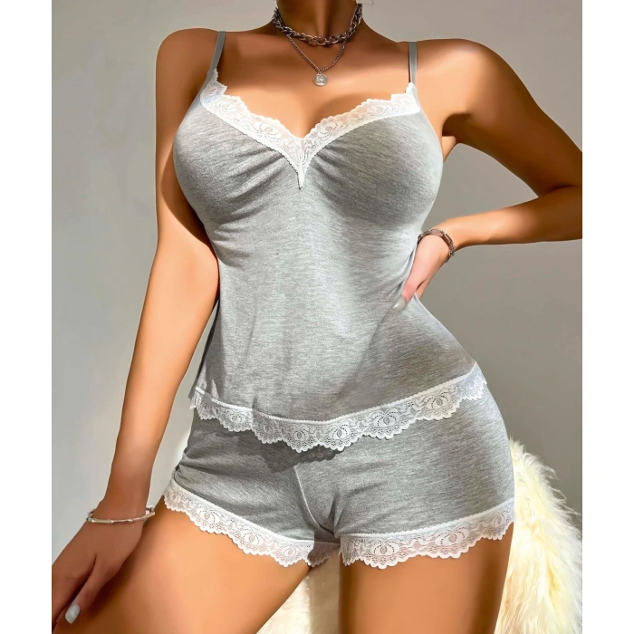 MARSiLYAN- Pamuklu Dantel İşlemeli Gri Askılı Şortlu Pijama Takımı