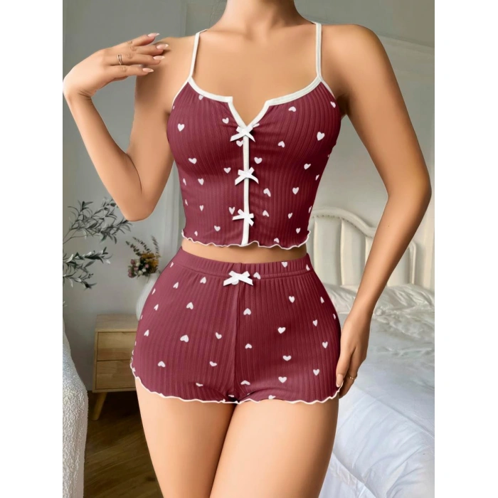 MARSiLYAN- Pamuklu Kahverengi Üstüne Beyaz Kalp Desen Fitilli Askılı Şortlu Pijama Takımı