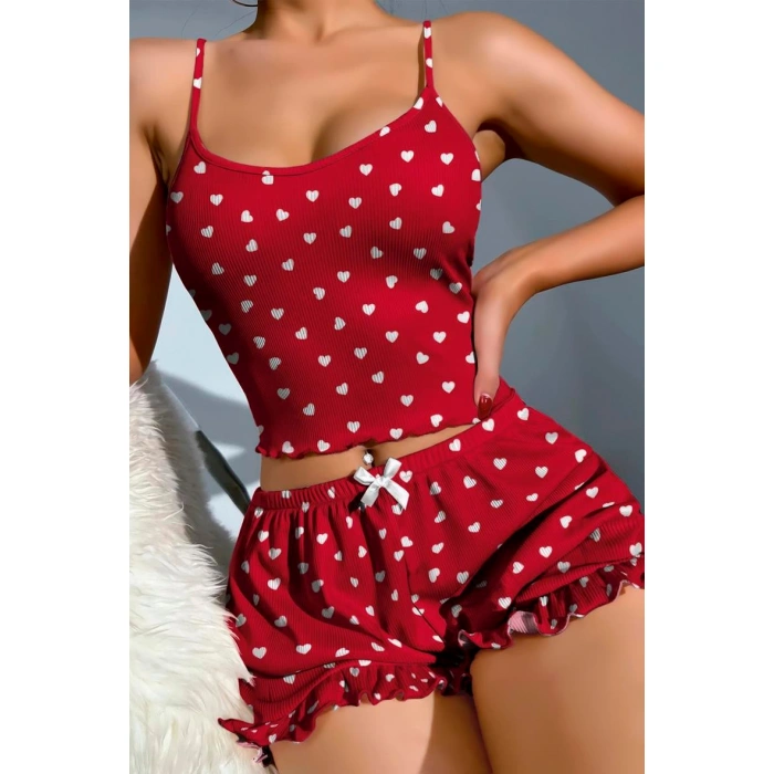 MARSiLYAN- Pamuklu Kırmızı Üstüne Beyaz Kalp Desen Fitilli Askılı Şortlu Pijama Takımı