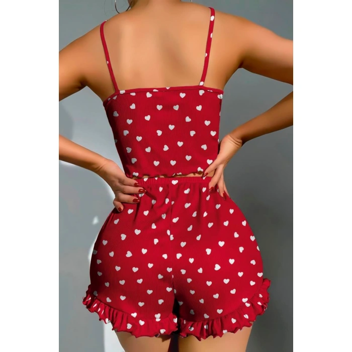 MARSiLYAN- Pamuklu Kırmızı Üstüne Beyaz Kalp Desen Fitilli Askılı Şortlu Pijama Takımı