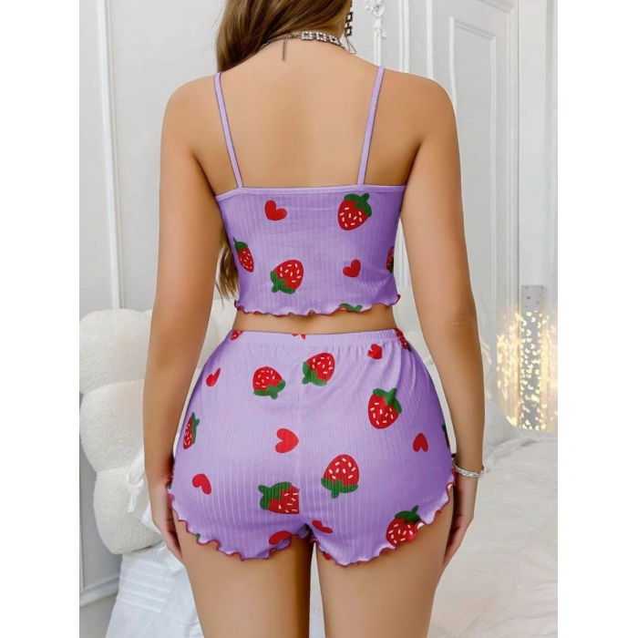 MARSiLYAN- Pamuklu Lila Üstüne Çilek Desen Fitilli Askılı Şortlu Pijama Takımı