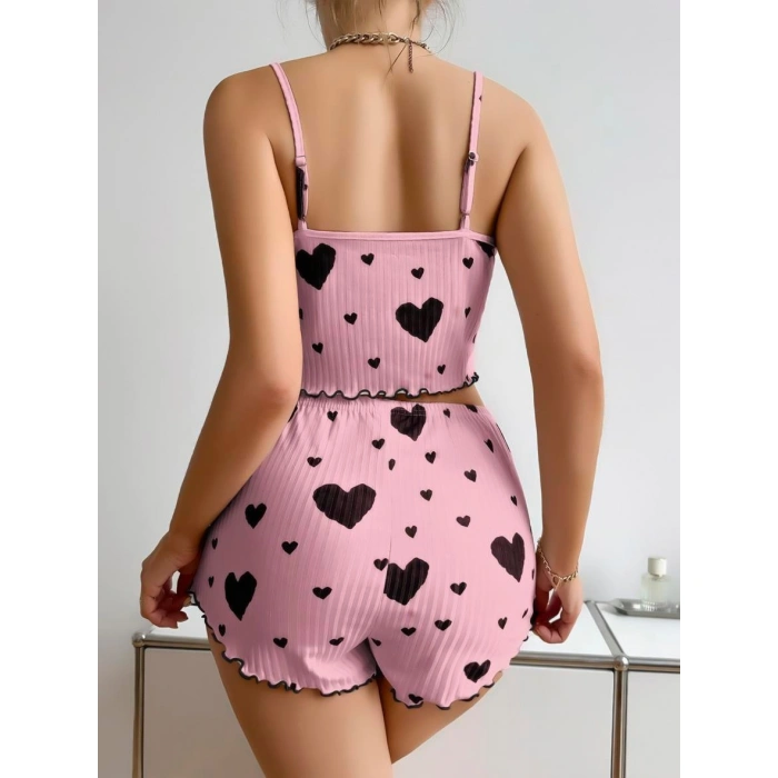MARSiLYAN- Pamuklu Pembe Üstüne Siyah Kalp Desenli Askılı Fitilli Şortlu Pijama Takımı