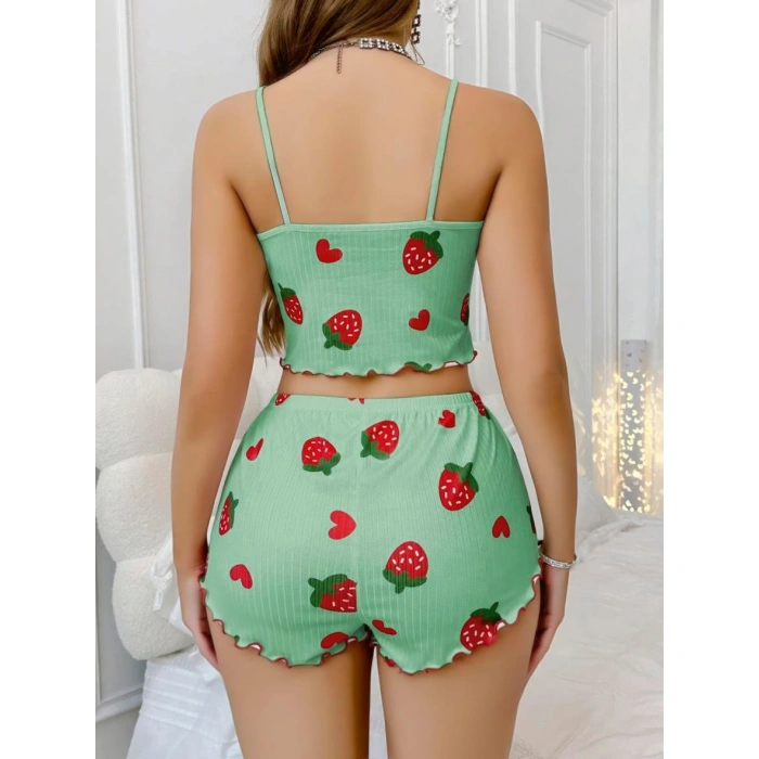 MARSiLYAN- Pamuklu Yeşil Üstüne Çilek Desen Fitilli Askılı Şortlu Pijama Takımı