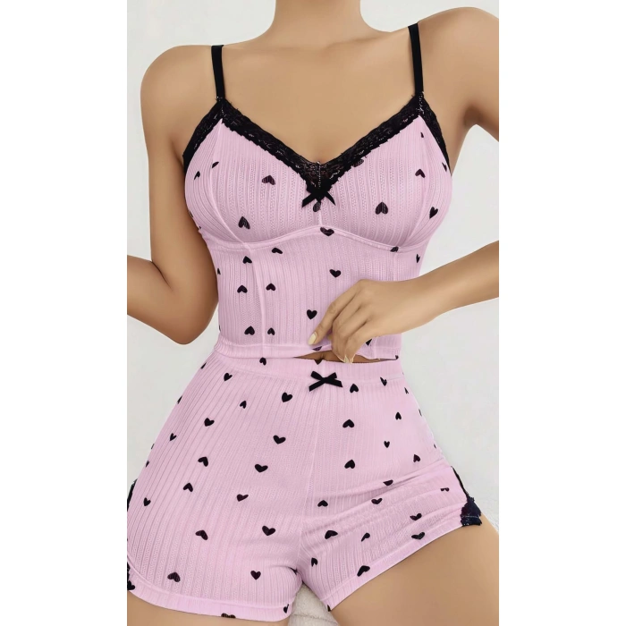 MARSiLYAN- Pembe Kalp Desenli Askılı Şortlu Pijama Takım