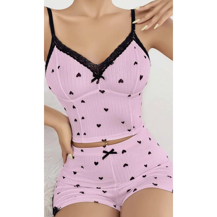 MARSiLYAN- Pembe Kalp Desenli Askılı Şortlu Pijama Takım