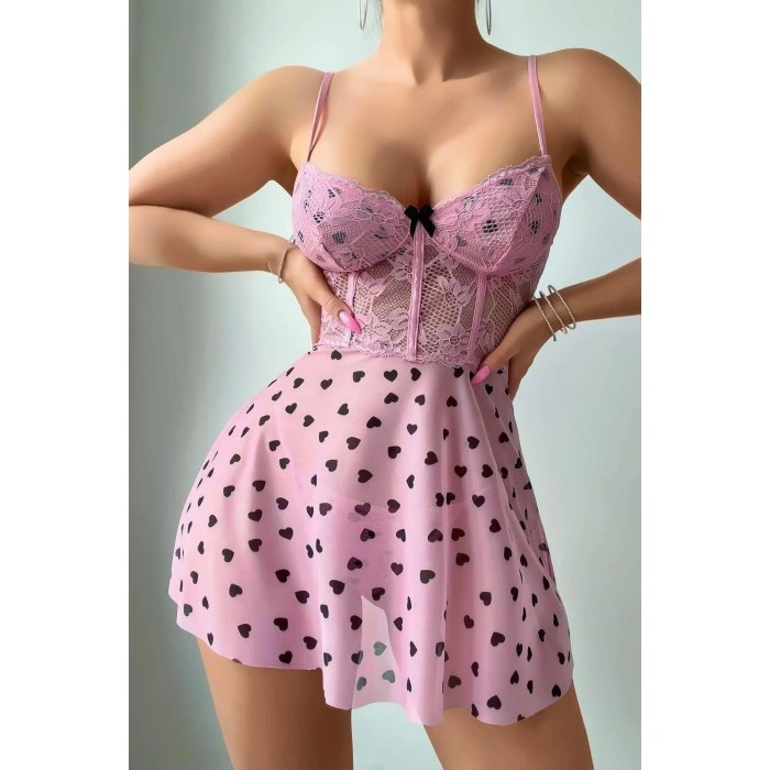 MARSiLYAN- Pembe Kalp Desenli Dantel İşlemeli Fantezi Gecelik