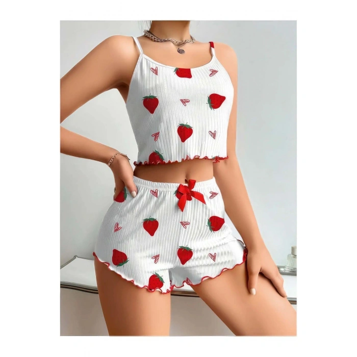MARSiLYAN- Penye Kumaş Çilek Desen Beyaz Şortlu Takım