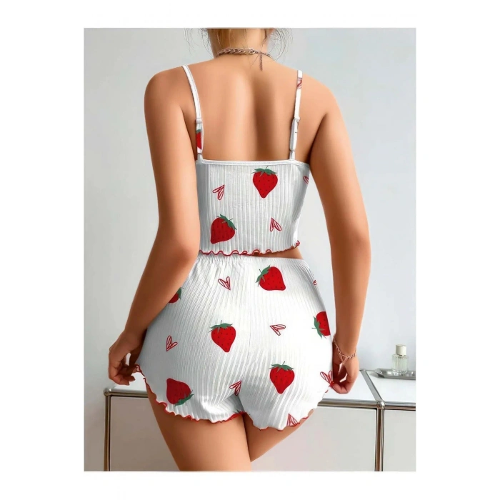 MARSiLYAN- Penye Kumaş Çilek Desen Beyaz Şortlu Takım