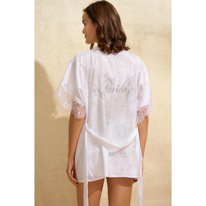 MARSiLYAN- Saten Bride Baskılı Dantelli Sabahlık Balensiz Desteksiz Dolgusuz Bralet Sütyen Ve Şort 3lü Takım