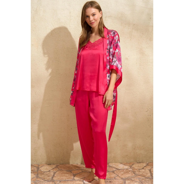 MARSiLYAN- Saten Çiçek Baskılı Sabahlık Dantelli Atlet Ve Pantolon Pijama 3lü Takım