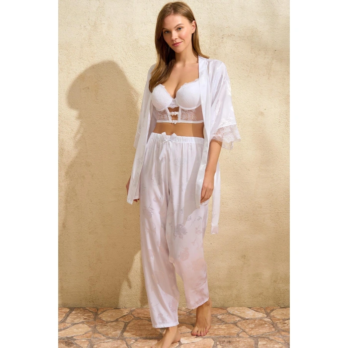 MARSiLYAN- Saten Çiçek Desenli Dantelli Sabahlık Balenli Destekli Dolgulu Büstiyer Sütyen Ve Pantolon Pijama 3lü Takım