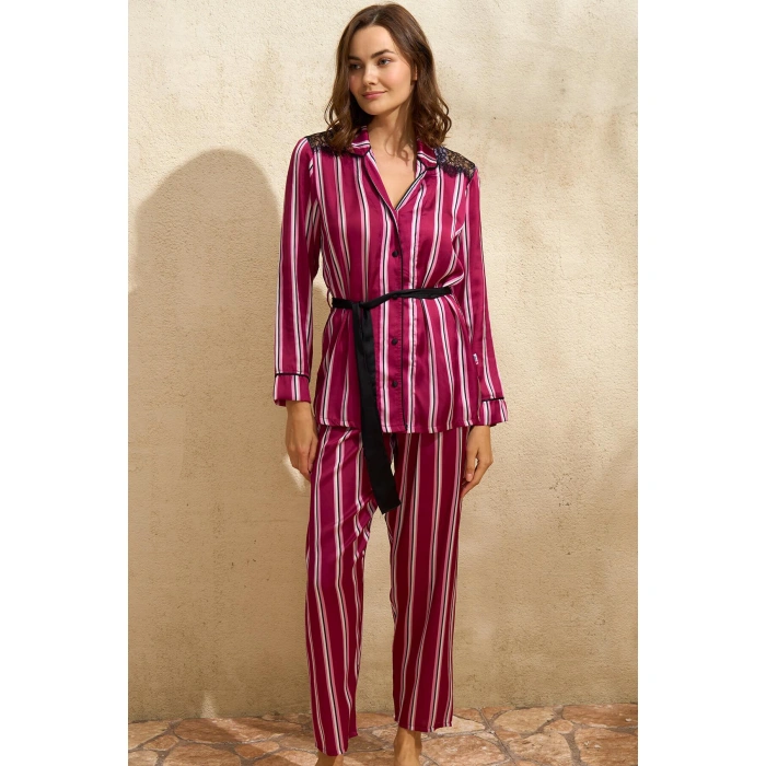 MARSiLYAN- Saten Çizgili Düğmeli Uzun Kol Dantelli Gömlek Ve Pantolon Pijama Takım