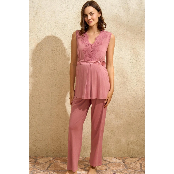 MARSiLYAN- Sıfır Kol V Yaka Kadın Viskon Düz Yazlık Uzun Dantel Detaylı Hamile Pijama Takımı Sabahlık