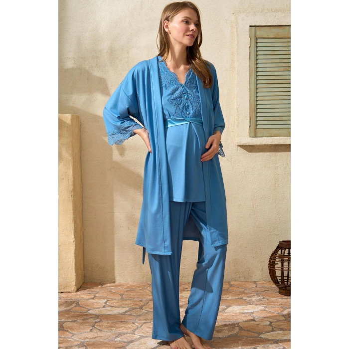 MARSiLYAN- Sıfır Kol V Yaka Kadın Viskon Düz Yazlık Uzun Dantel Detaylı Hamile Pijama Takımı Sabahlık