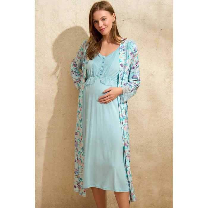 MARSiLYAN- Sıfır Kol V Yaka Viskon Çiçek Desenli Yazlık Uzun Dantel Detaylı Hamile Gecelik Sabahlık