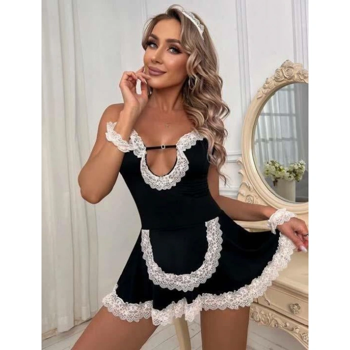 MARSiLYAN- Siyah Beyaz Aksesuarlı Dantelli Fantezi Hizmetçi Kostümü