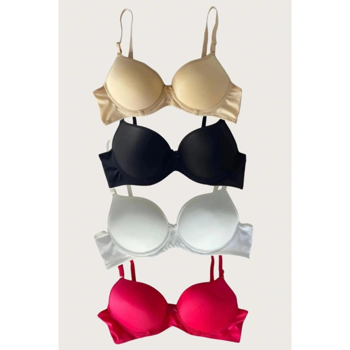 MARSiLYAN- Siyah-beyaz-kırmızı-ten 4lü Dolgulu Push Up Micro Balenli Günlük Tek Destekli Sütyen
