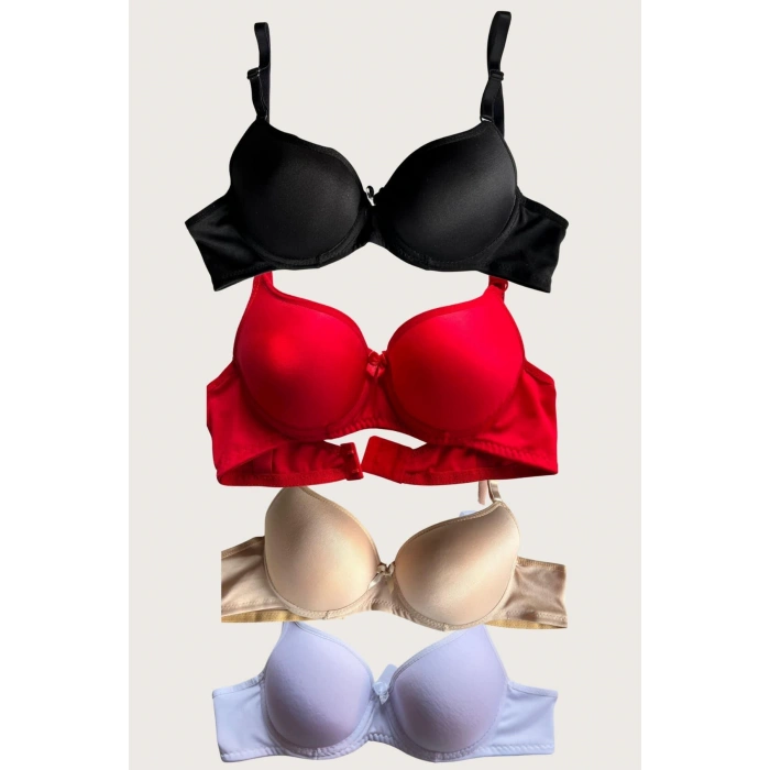 MARSiLYAN- Siyah-beyaz-kırmızı-ten 4lü Dolgulu Push Up Micro Balenli Günlük Tek Destekli Sütyen