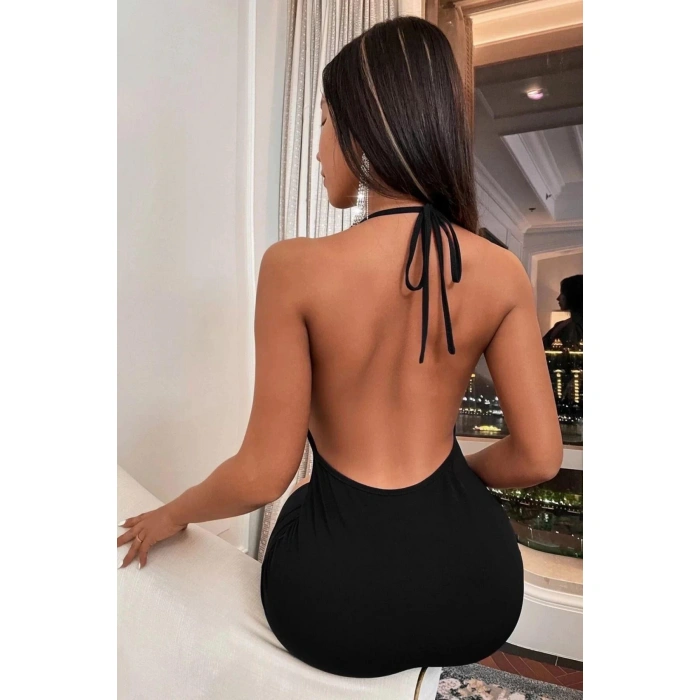 MARSiLYAN- Siyah Boyundan Bağlamalı Sırt Dekolteli Mini Club Elbisesi