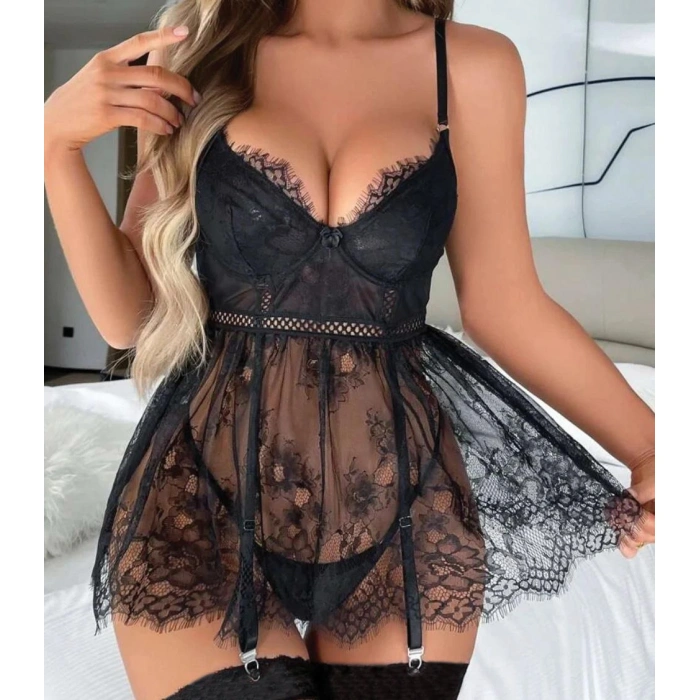 MARSiLYAN- Siyah Dantel İşlemeli Jartiyerli Gecelik Takımı