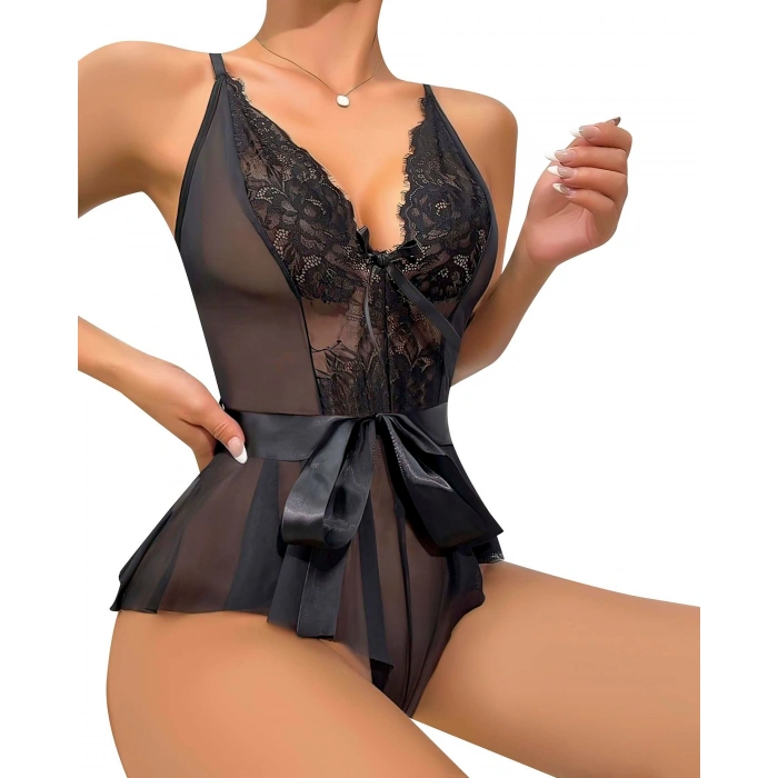 MARSiLYAN- Siyah Dantel İşlemeli Kurdelalı Fantezi Tül Babydoll