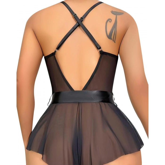 MARSiLYAN- Siyah Dantel İşlemeli Kurdelalı Fantezi Tül Babydoll