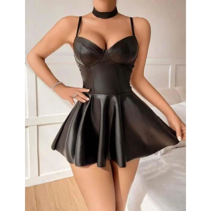 MARSiLYAN- Siyah Etekli Pileli Fantezi Deri Elbise