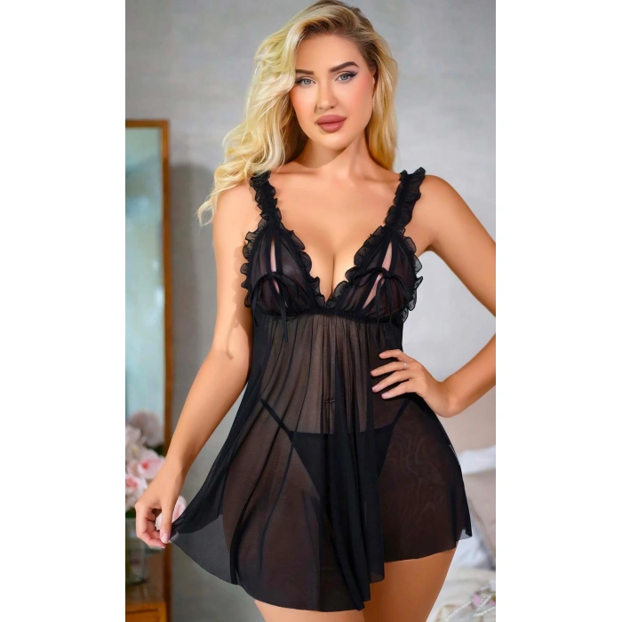 MARSiLYAN- Siyah Fırfırlı Göğüs Dekolteli Transparan Fantezi Tül Gecelik