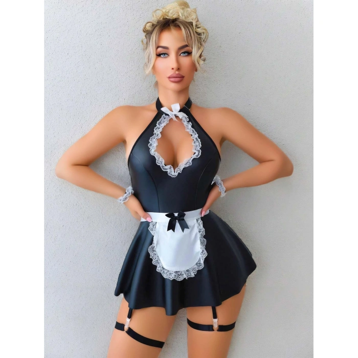 MARSiLYAN- Siyah Göğüs Dekolteli Boyundan Bağlamalı Mini Etekli Fantezi Deri Hizmetçi Kostümü