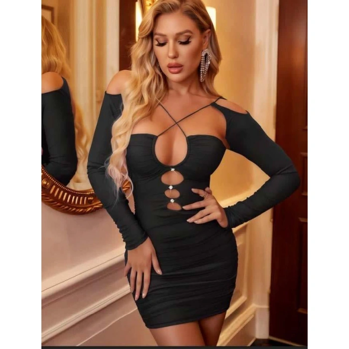 MARSiLYAN- Siyah Göğüs Dekolteli İp Detaylı Mini Club Elbisesi