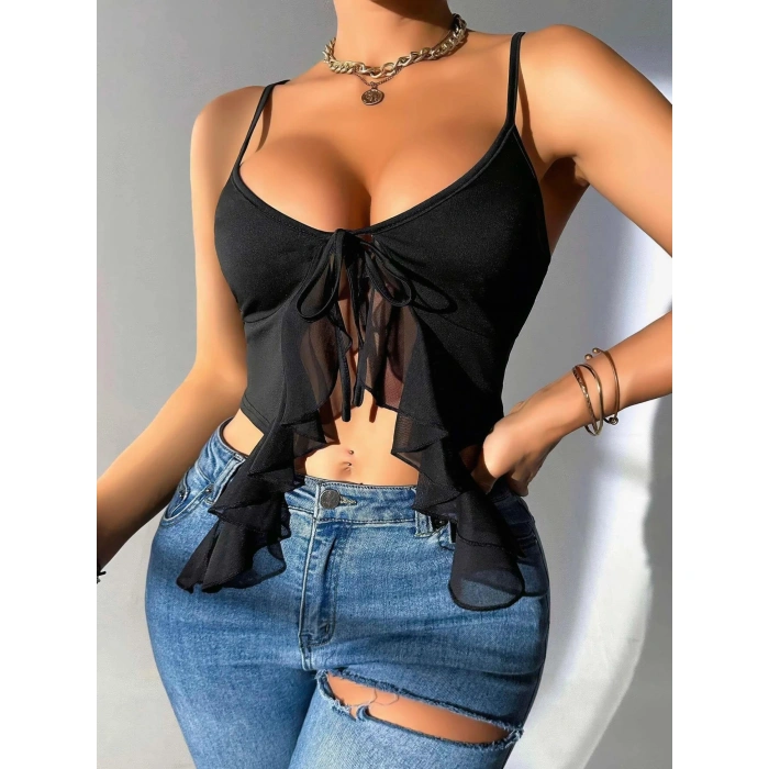 MARSiLYAN- Siyah İnce Askılı Önden Bağlamalı Fırfır Detaylı Crop