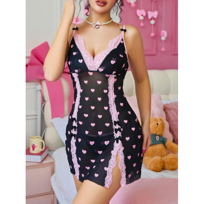 MARSiLYAN-  Siyah Kalp Desenli Dantel İşlemeli Fantezi Gecelik