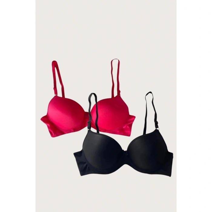 MARSiLYAN- Siyah-kırmızı 2li Mikro Kumaş İçi Boş Balenli Günlük Desteksiz Sütyen