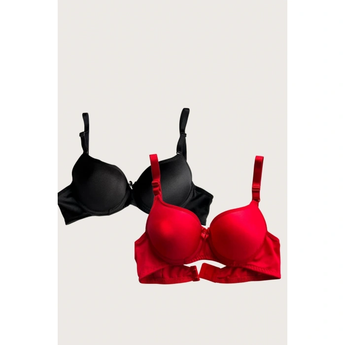 MARSiLYAN- Siyah-kırmızı 2li Mikro Kumaş İçi Boş Balenli Günlük Desteksiz Sütyen