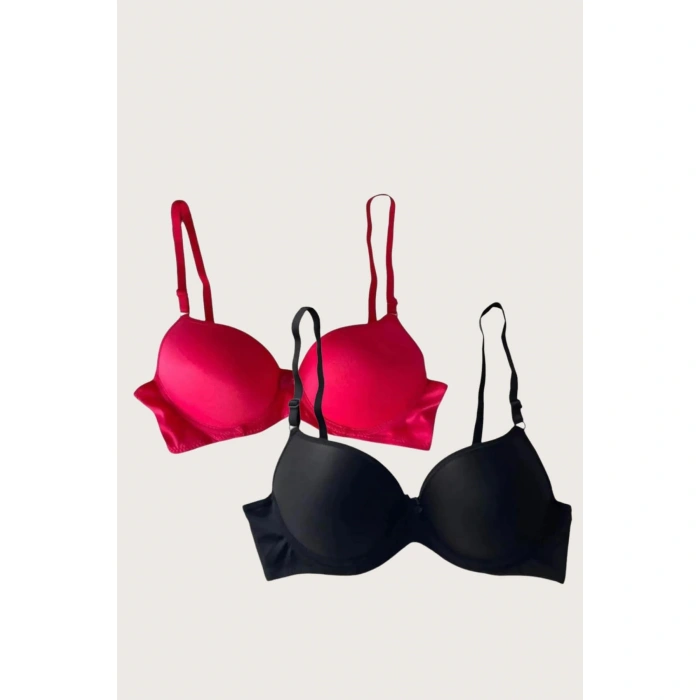 MARSiLYAN- Siyah-kırmızı 2li Mikro Kumaş Push Up Dolgulu Balenli Günlük Destekli Sütyen