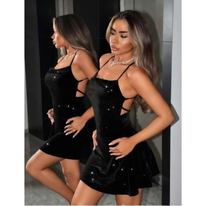 MARSiLYAN- Siyah Sırt Dekolteli Simli Fantezi Mini Club Elbisesi