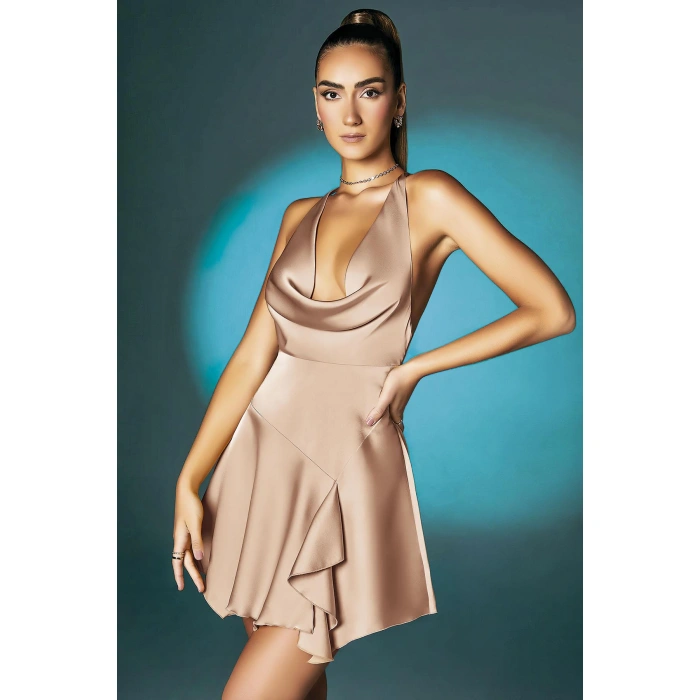 MARSiLYAN-  Somon Askılı Degajeli Fantezi Mini Elbise