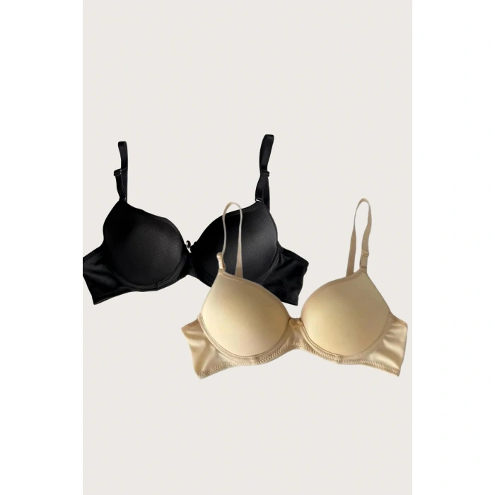 MARSiLYAN- Ten-siyah 2li Mikro Kumaş İçi Boş Balenli Günlük Desteksiz Sütyen